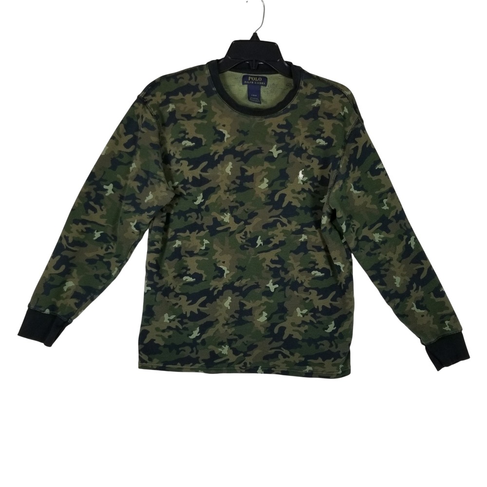 Polo Ralph Lauren Thermal Shirt Mens L Green Camo Waffle Knit Long Sleeve Pony
